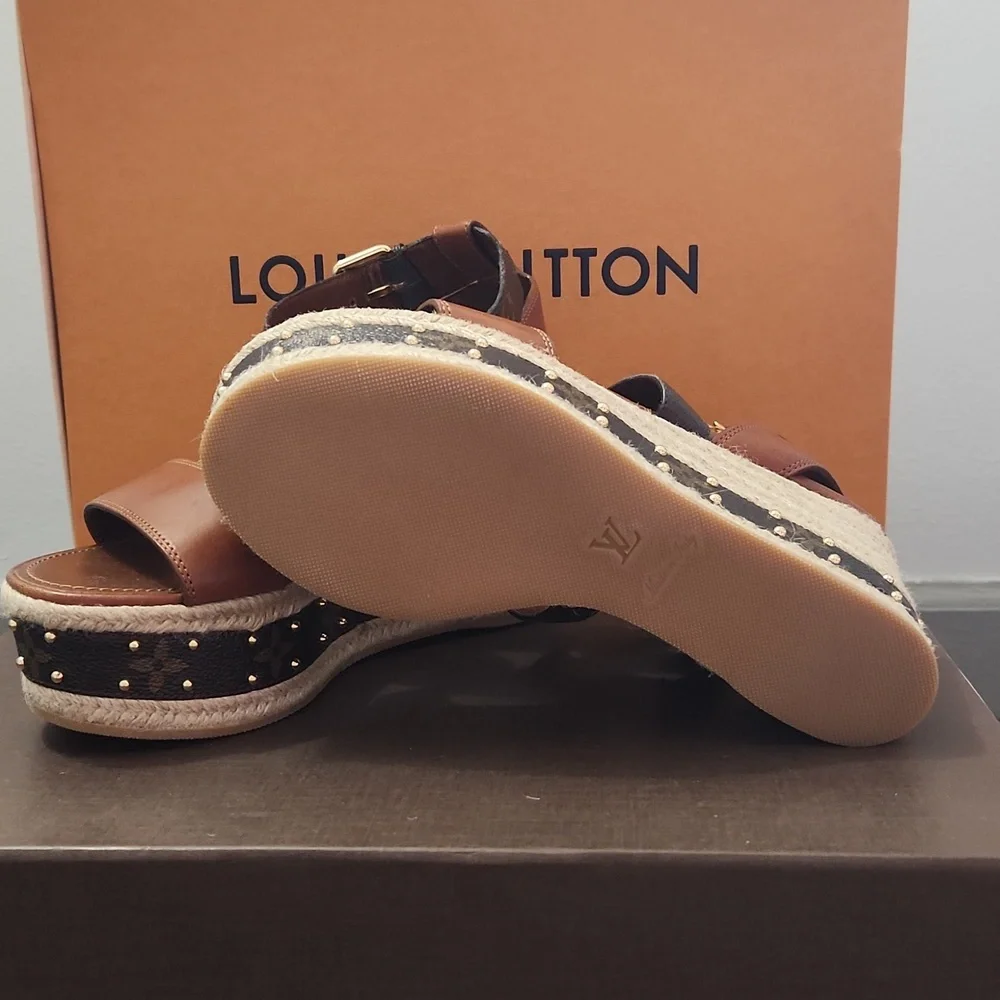 Louis Vuitton Brown Monogram Leather Platform Espadrille Sandals